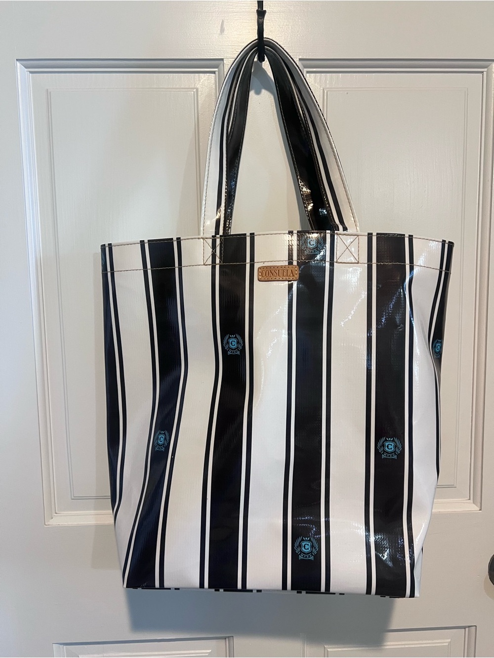 Consuela Black & White Striped Vinyl Tote with Blue Accent Logos